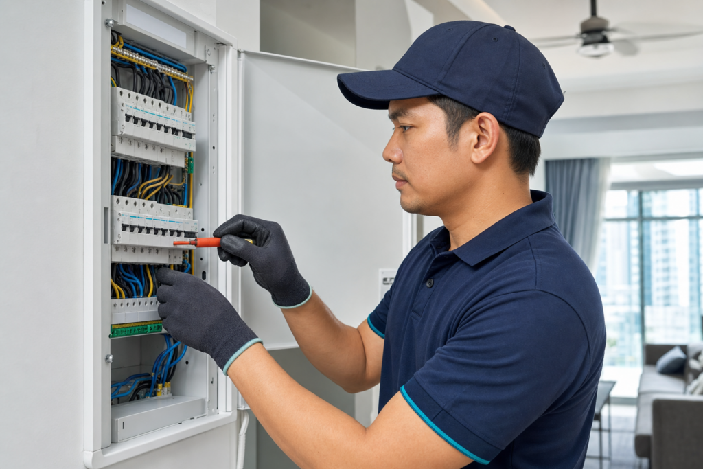 Electrician inspecting a residential circuit breaker after repeated power trips